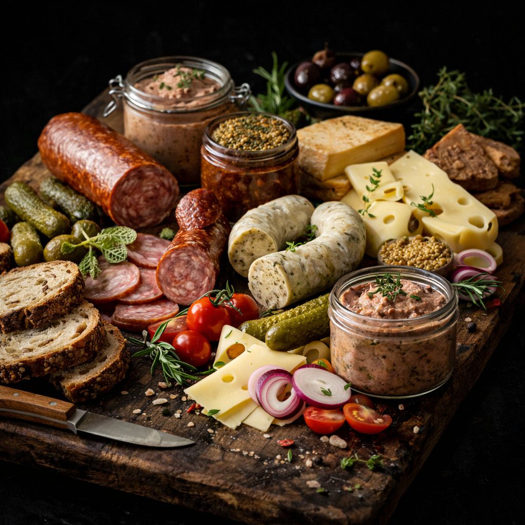Brotzeit mit Salami, Käse, Antipasti und Brot