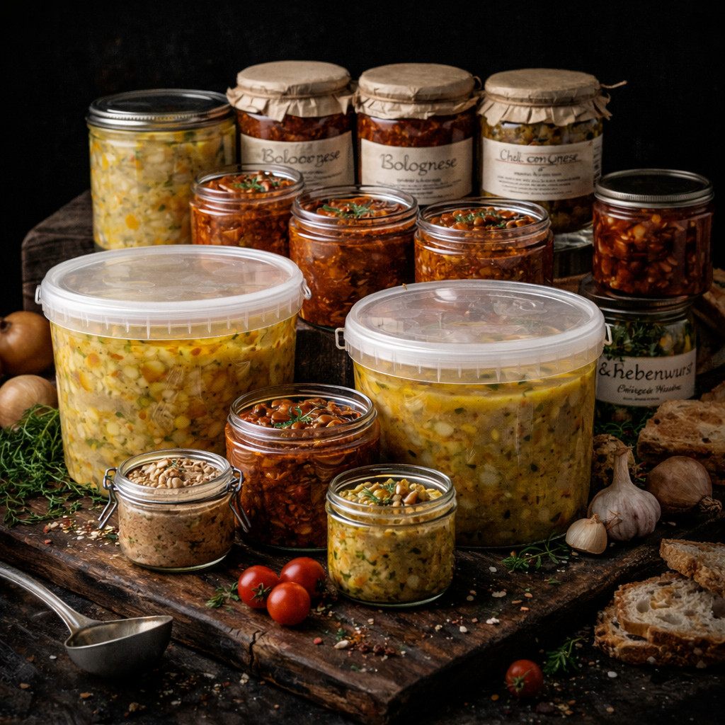 Feinkost-Vorrat mit Konserven, Antipasti und haltbaren Spezialitäten