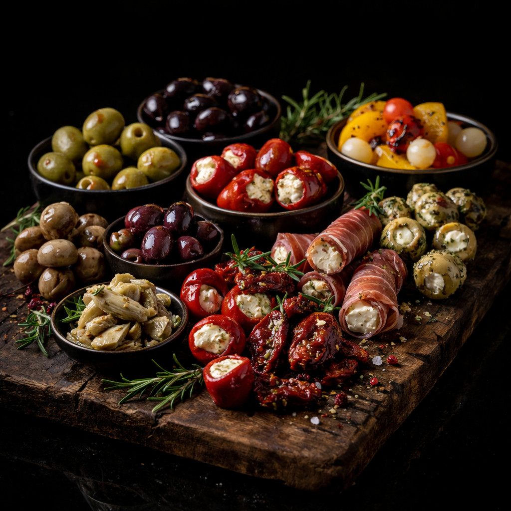 Mediterrane Antipasti mit eingelegtem Gemüse und Oliven für Vorspeise und Buffet